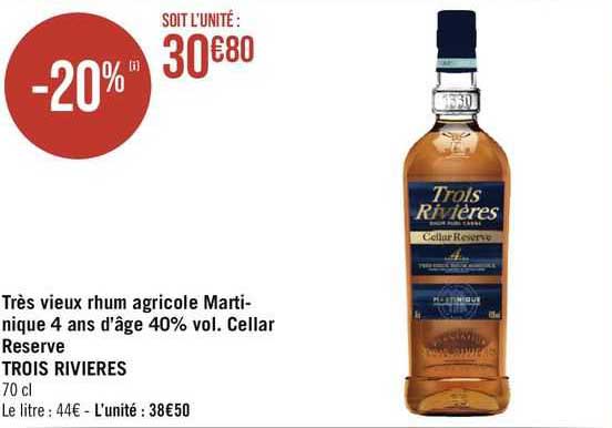 très vieux rhum agricole martinique 4 ans d'âge 40% vol. cellar réserve trois rivières