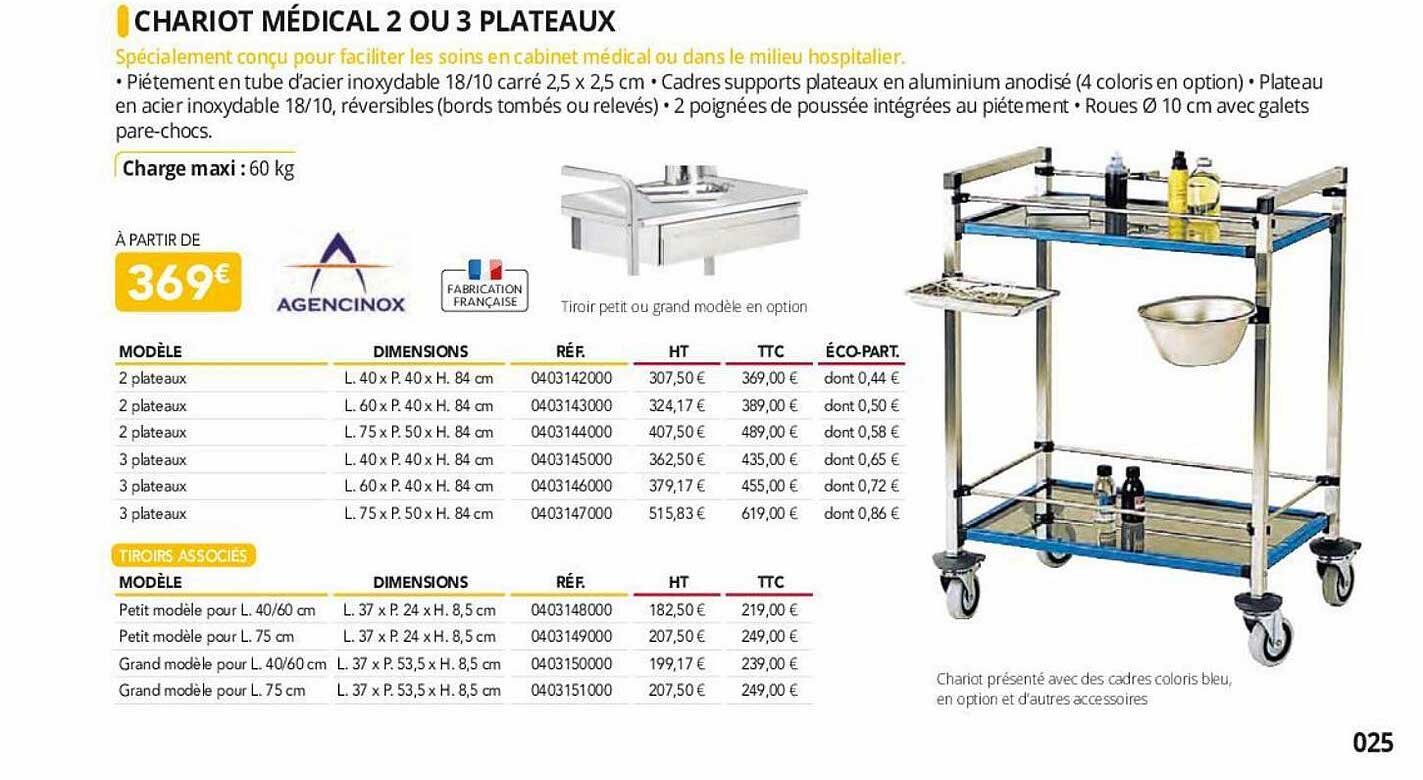 chariot médical 2 ou 3 plateaux agencinox