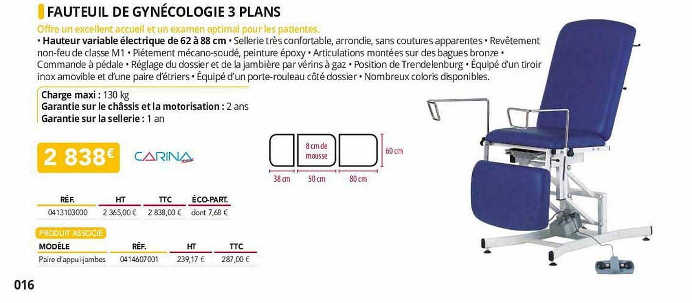 fauteuil de gynécologie 3 plans carina