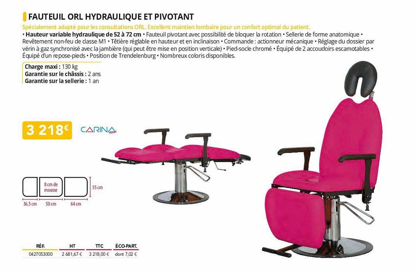 fauteuil orl hydraulique et pivotant carina