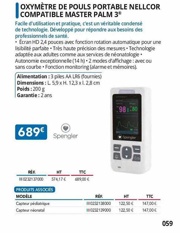 oxymètre de pouls portable nellcor compatible master palm 3 spengler