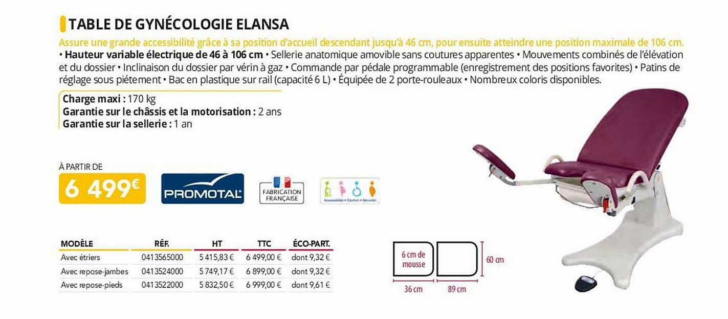 table de gynécologie elansa promotal