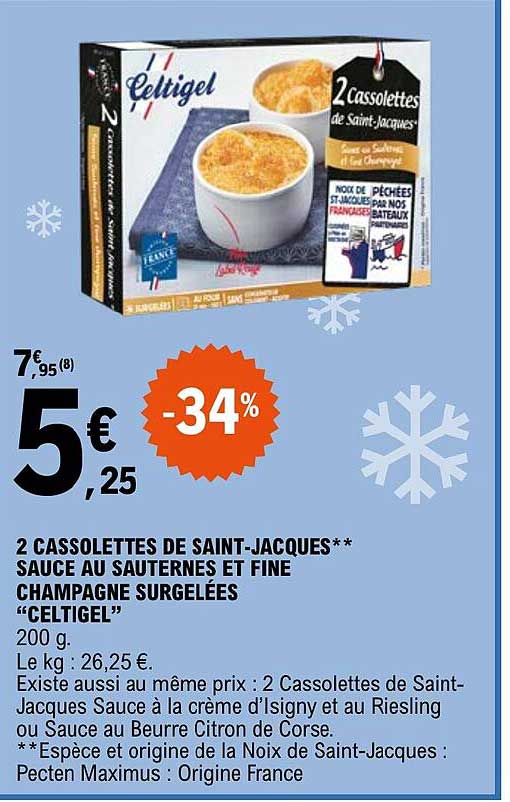 2 cassolettes de saint-jacques sauce au sauternes et fine champagne surgelées "celtigel"