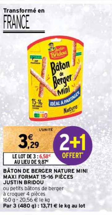 bâton de berger nature mini maxi format 15-16 pièces justin bridou
