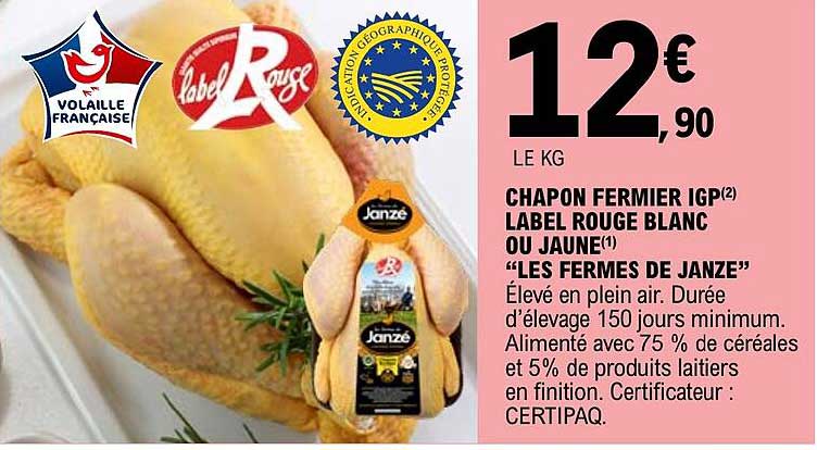 chapon fermier igp label rouge blanc ou jaune "les fermes de janze"