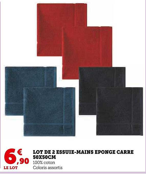 lot de 2 essuie-mains eponge carre 50x50cm