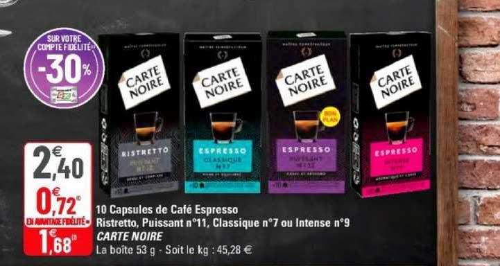 10 capsules de café espresso ristretto puissant n° 11 classique n°7 ou intense n°9 carte noire