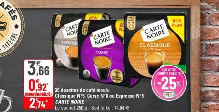 36 dosettes de café moulu classique n°5 corsé n°6 ou espresso n°8 carte noire