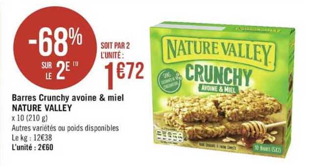 barres crunchy avoine & miel nature valley -68% sur le 2è