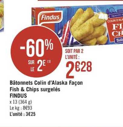 bâtonnets colin d'alaska façon fish & chips surgelés findus -60% sur le 2è