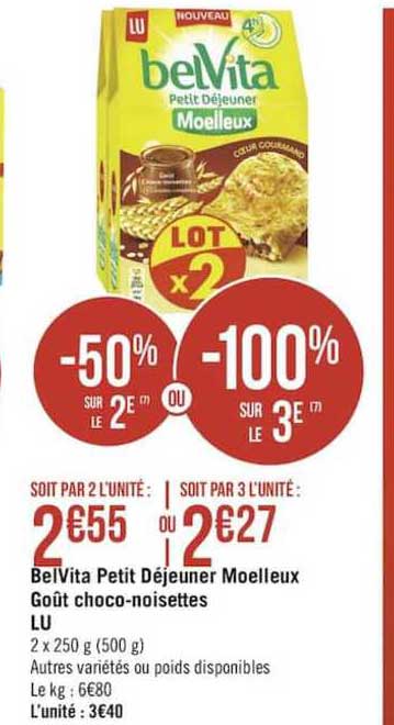 Belvita Petit Déjeuner Moelleux Goût Choco Noisettes Lu -50% Sur Le 2e Ou -100% Sur Le 3e