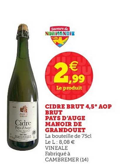 cidre brut 4,5° aop brut pays d'auge manoir de grandouet