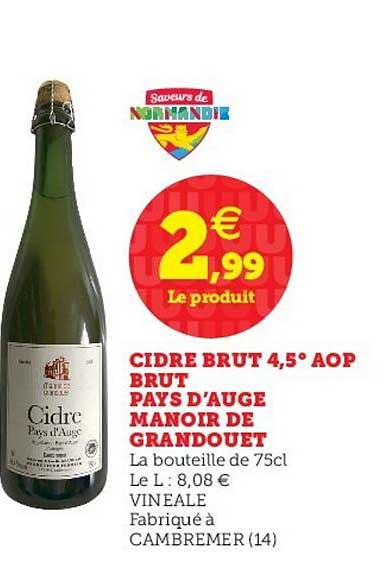 cidre brut 4.5° aop brut pays d'auge manoir de grandouet