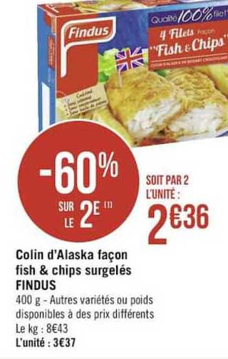 colin d'alaska façon fish & chips surgelés findus -60% sur le 2è
