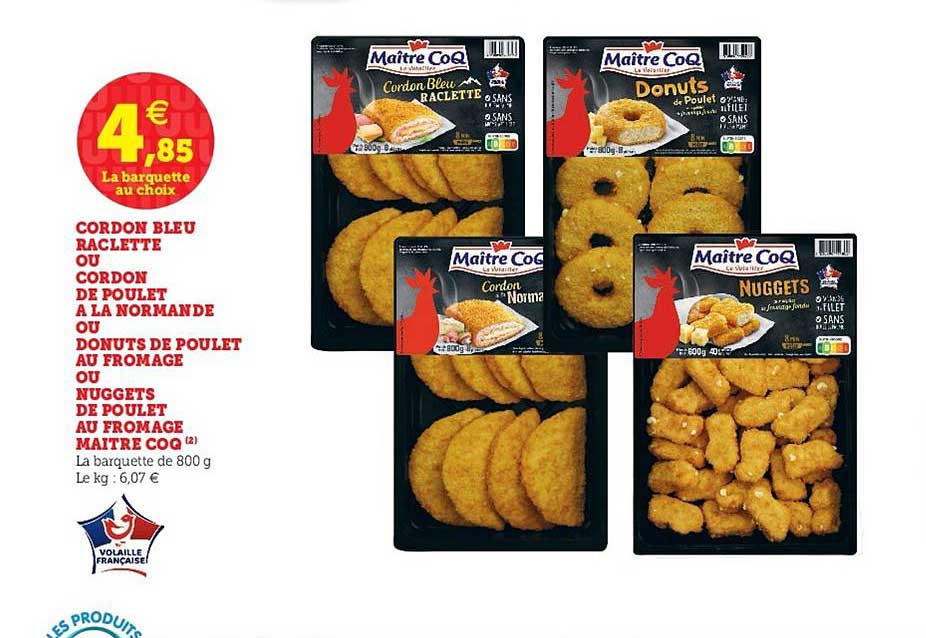 cordon bleu raclette ou cordon de poulet à la normande ou donuts de poulet au fromage ou nuggets de poulet au fromage maître coq