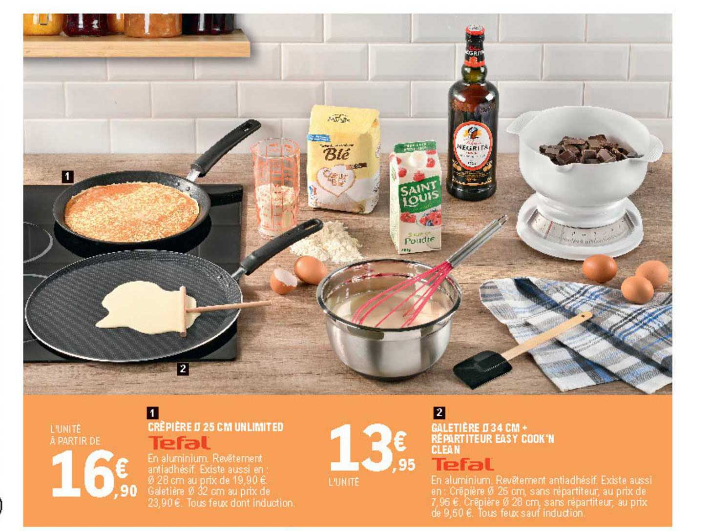 crêpière 25 cm unlimited, galetière + répartiteur easy cook'n clean tefal