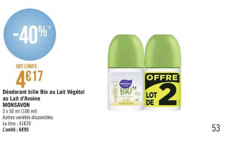 déodorant bille bio au lait végétal au lait d'avoine monsavon