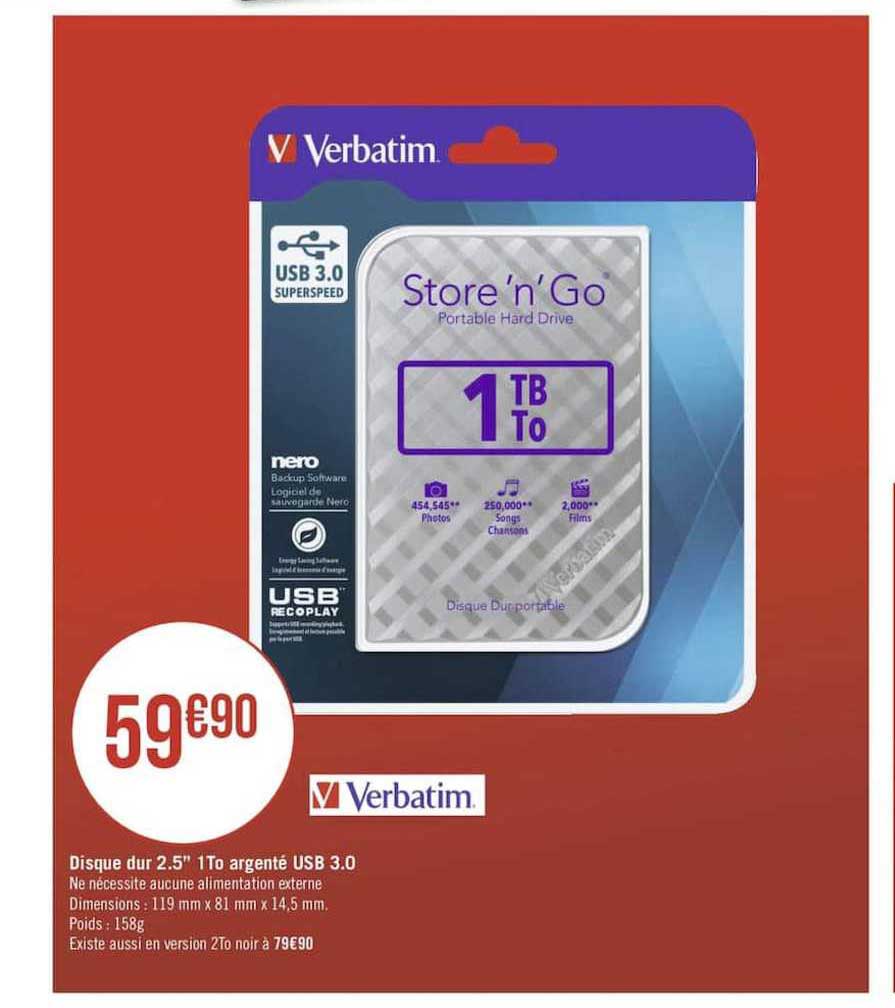 disque dur 2.5" 1to argenté usb 3.0 verbatim