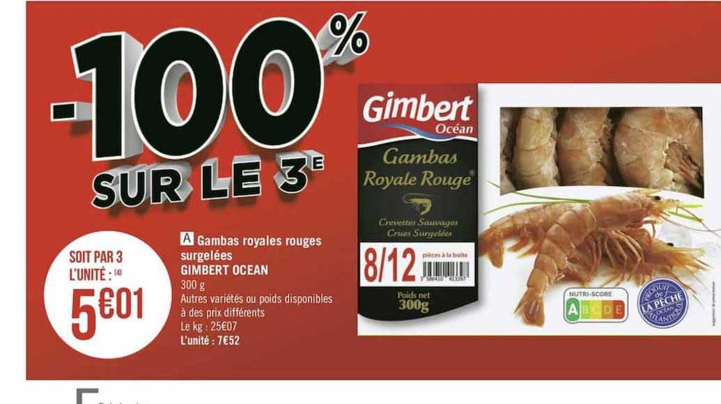 gambas royales rouges surgelées gimbert ocean -100% sur le 3è
