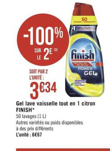 gel lave vaisselle tout en 1 citron finish -100% sur le 2è