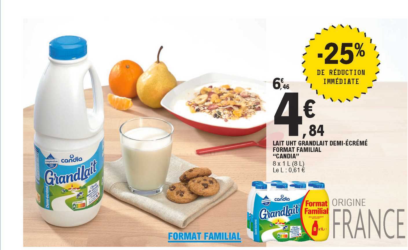 lait uht grandlait demi-écrémé format familial "candia"