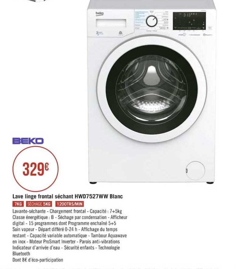Lave Linge Frontal Séchant Hwd7527ww Blanc Beko