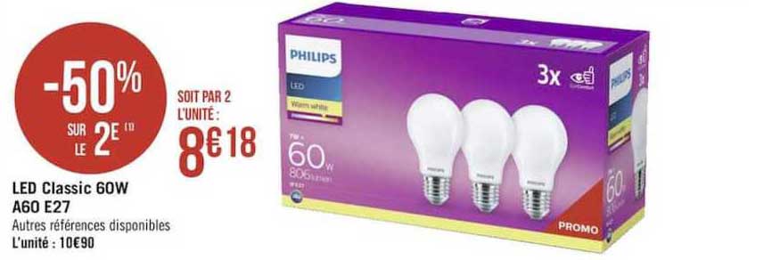 led classic 60w a60 e27 -50% sur le 2è