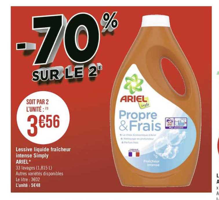 lessive liquide fraîcheur intense simply ariel -70% sur le 2è