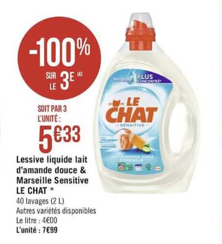 lessive liquide lait d'amande douce & marseille sensitive le chat -100% sur le 3è