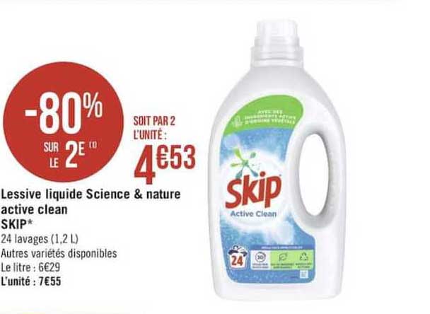 lessive liquide science & nature active clean skip -80% sur le 2è
