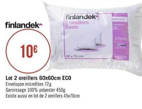 lot 2 oreillers 60x60cm eco finlandek