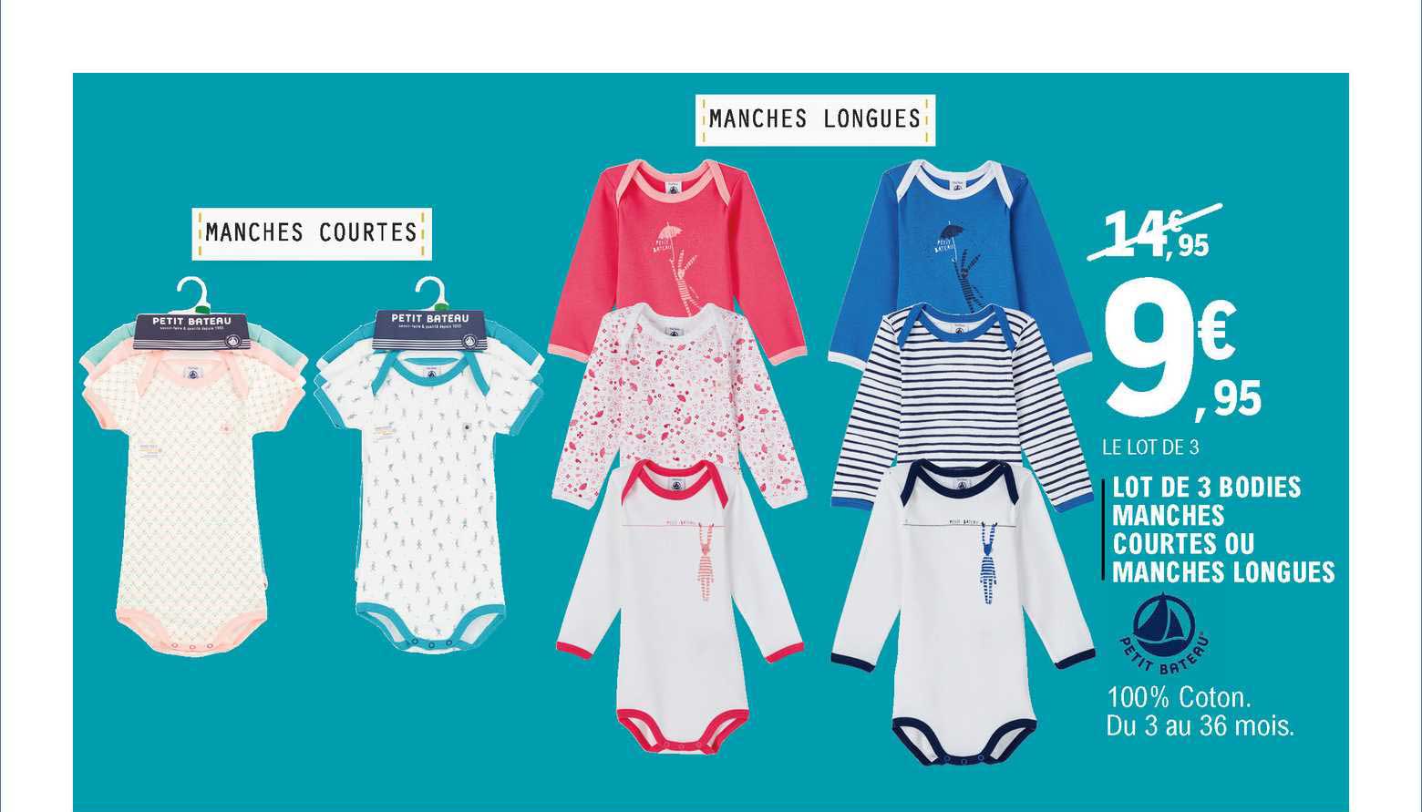 lot de 3 bodies manches courtes ou manches longues petit bateau