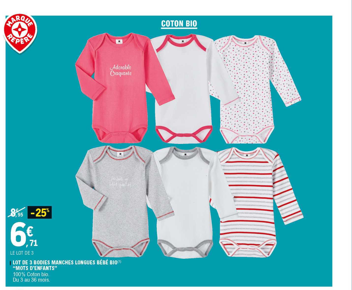 lot de 3 bodies manches longues bébé bio "mots d'enfants"