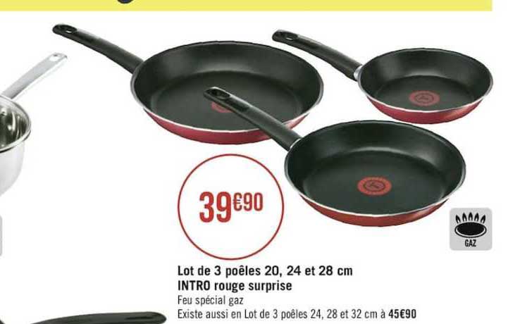 lot de 3 poêles 20 24 et 28 cm intro rouge surprise