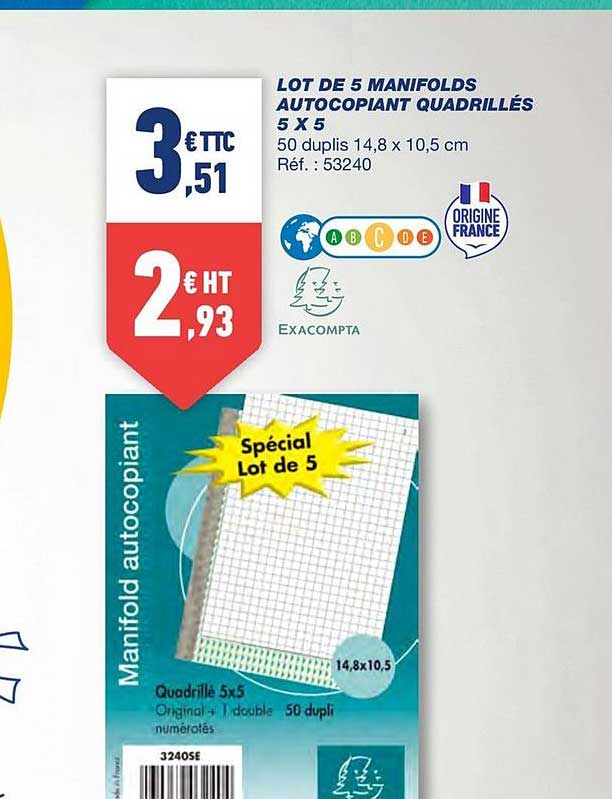 lot de 5 manifolds autocopiant quadrillés 5x5