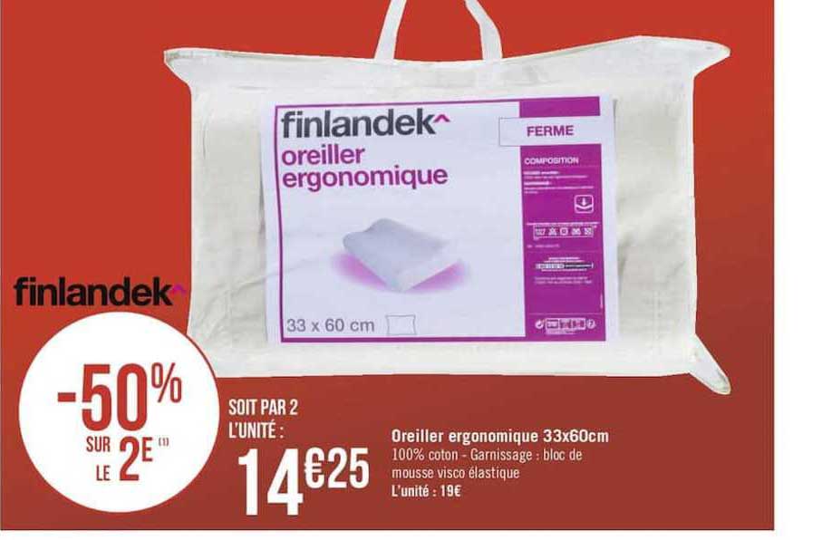 oreiller ergonomique 33x60cm finlandek -50% sur le 2è