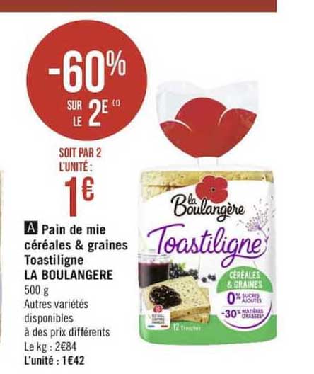 Pain De Mie Céréales & Graines Toastiligne La Boulangère -60% Sur Le 2è