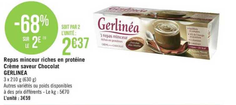 repas minceur riches en protéine crème saveur chocolat gerlinéa -68% sur le 2è