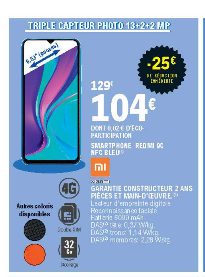 smartphone redmi 9c nfc bleu xiaomi