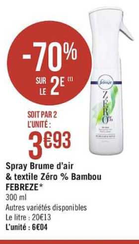 Spray Brume D'air & Textile Zéro % Bambou Febreze -70% Sur Le 2è