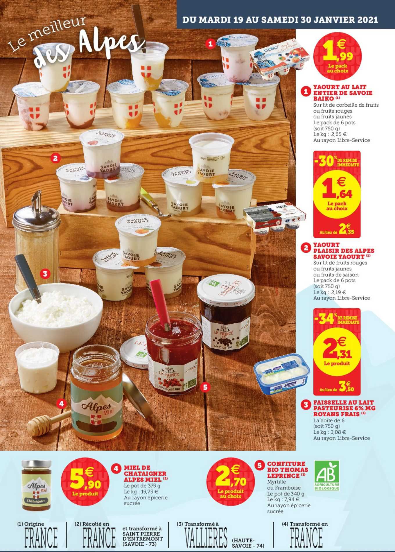 Yaourt Au Lait Entier De Savoie Baiko, Yaourt Plaisir Des Alpes Savoie Yaourt, Faisselle Au Lait Pasteurisé, Miel De Châtaigner Alpes Miel, Confiture Bio Thomas Leprince