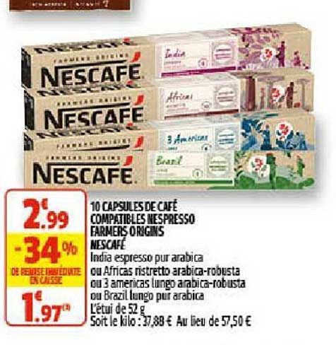 10 capsules de café compatibles nespresso farmers origins nescafé