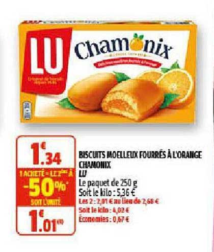 Biscuits Moelleux Fourrés à L'orange Chamonix Lu