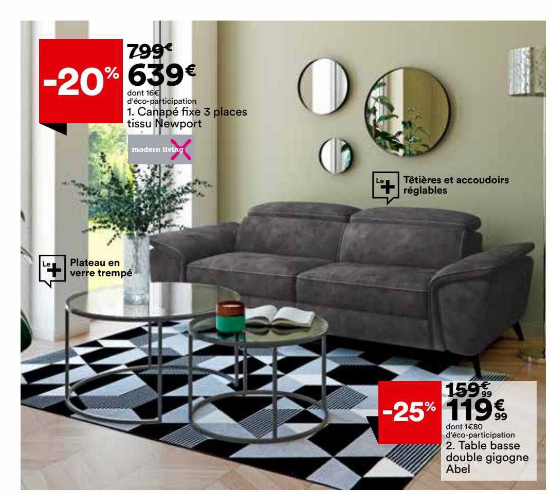 canapé fix 3 places tissu newport, table basse double gigogne abel