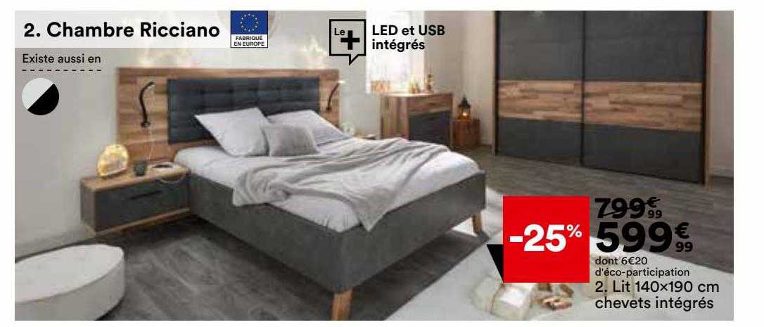 chambre ricciano : lit 140 x 190 cm chevets intégrés