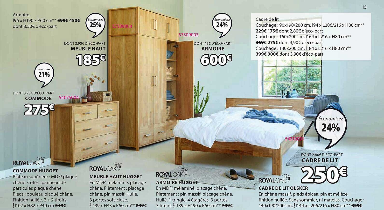 commode hugget, meuble haut hugget, armoire hugget, cadre de lit olsker roayl oak