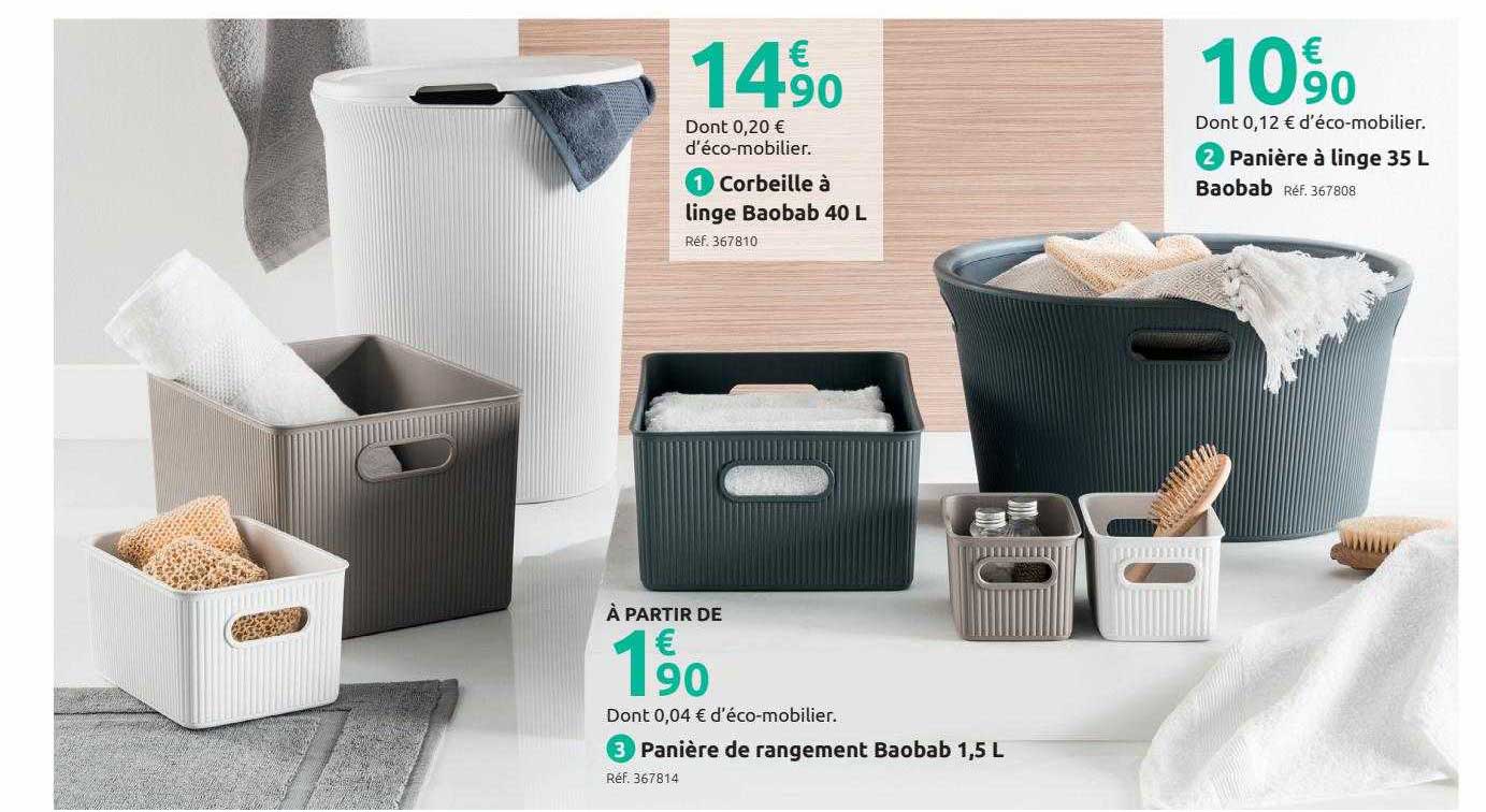 corbeille à linge baobab 40l, panière à linge 35l baobab, panière de rangement baobab 1,5 l