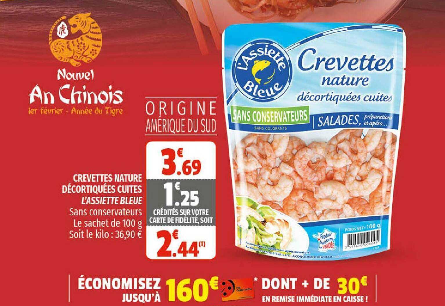 crevettes nature décortiquées cuites l'assiette bleue