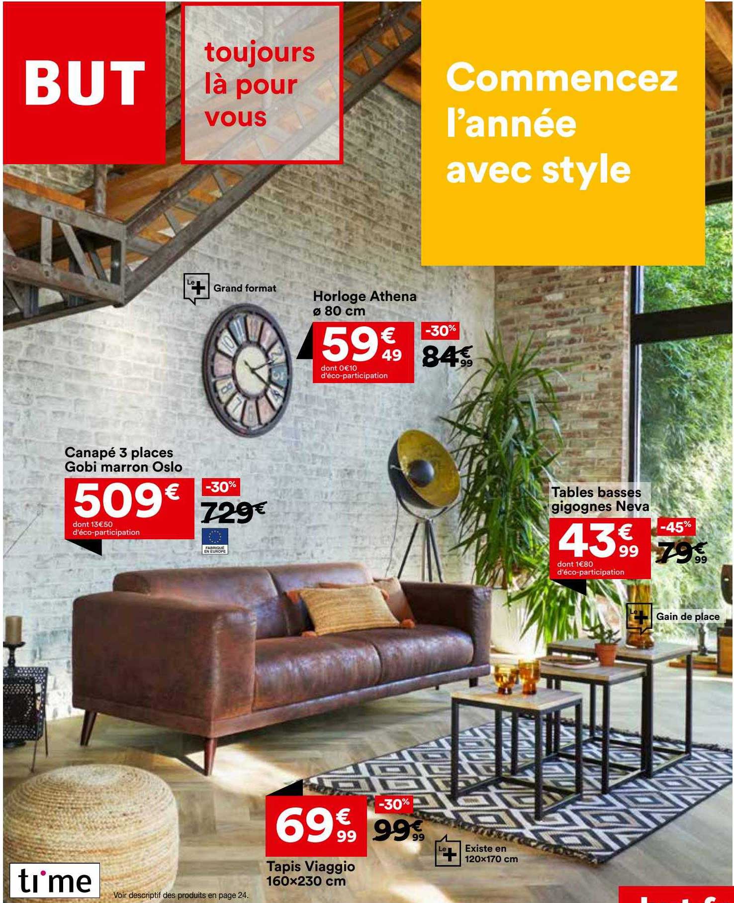 horloge athens, canapé 3 places gobi marron oslo, tables basses gigognes neva, tapis viaggio 160 x 230 cm