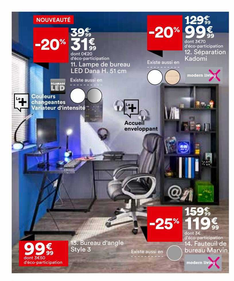 lampe de bureau led dana h. 51 cm, séparation kadomi, bureau d'angle style 3, fauteuil de bureau marvin modern living